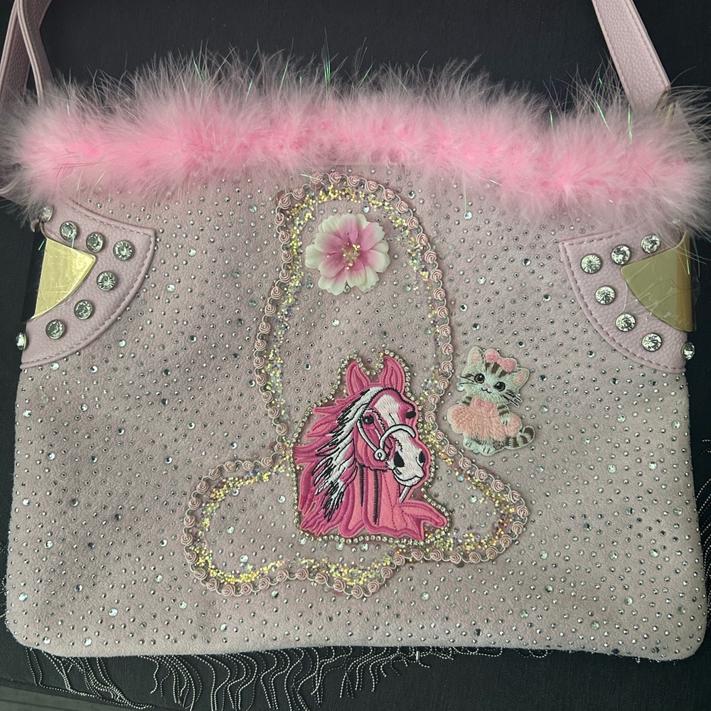 Horse & Kitten Handmade Pink Tote Bag w Rhinestones & Boa  = New